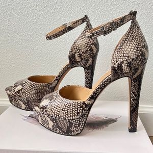Womens Neutral Beige Snake 1" Platform Ankle Strap Adjustable Beeya Peep Toe